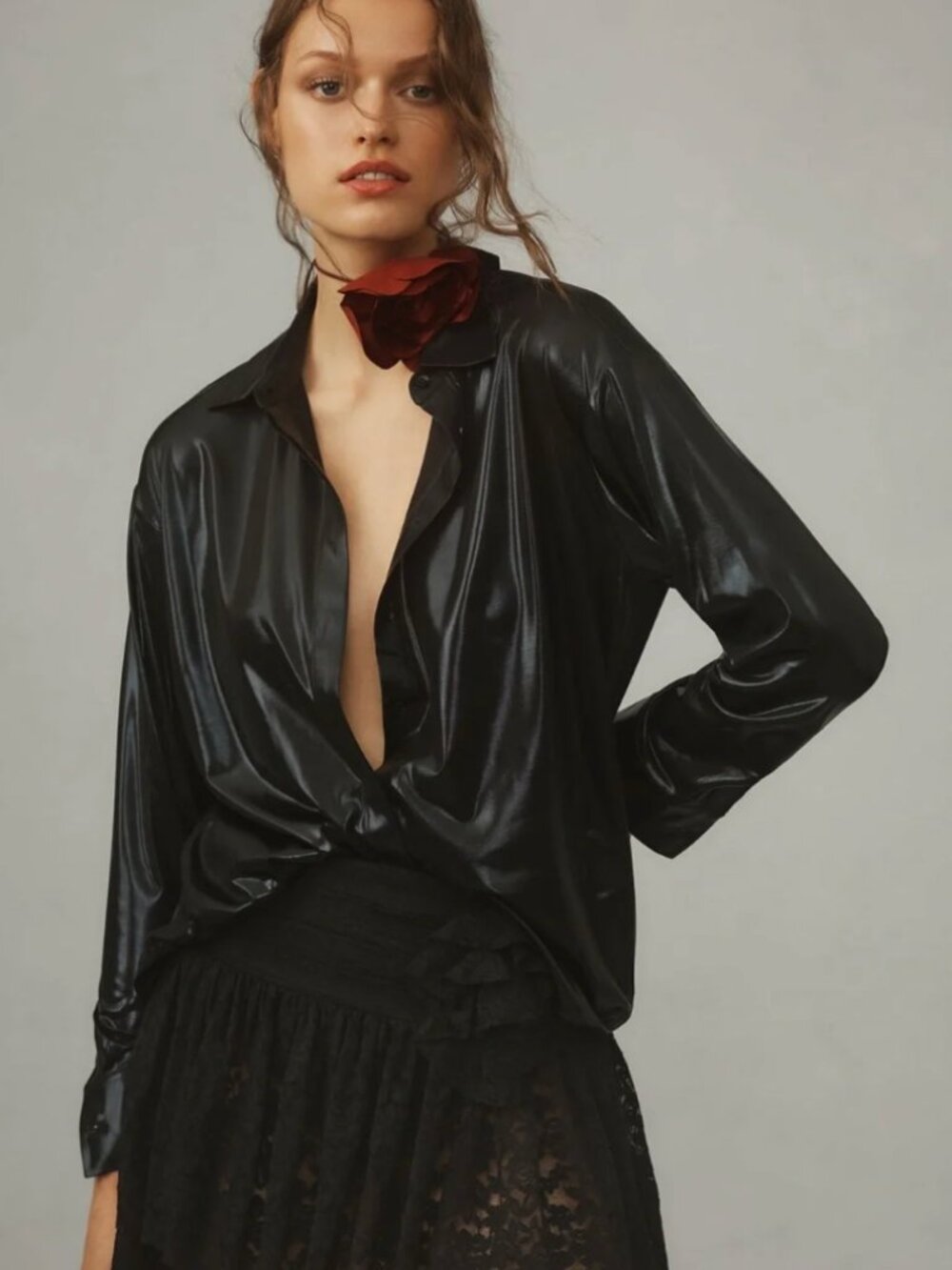 Anthropologie The Gillian Black Liquid Shine Metallic Shiny Button Down